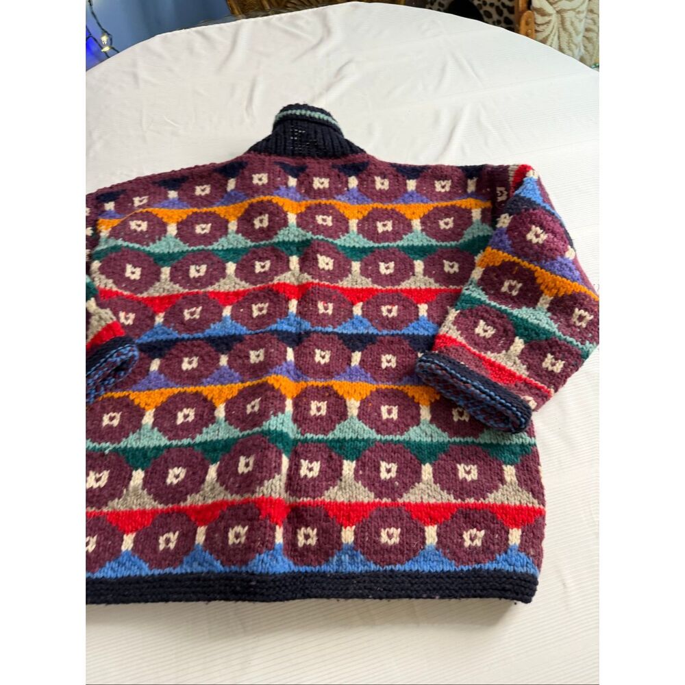 Artesanias Ishka Colorful Geometric Wool Heavy Knit Ecuador Sweater Jacket Sz XL - Picture 10 of 11